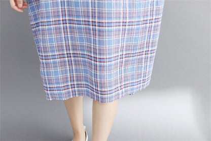 Vintage Linen Plaid Cozy Short Shirt Dresses