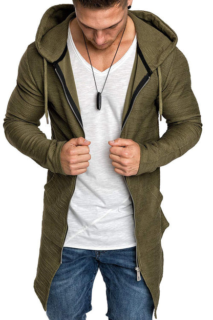 Men Long Sleeves Zipper Long Hoody Overcoat-STYLEGOING