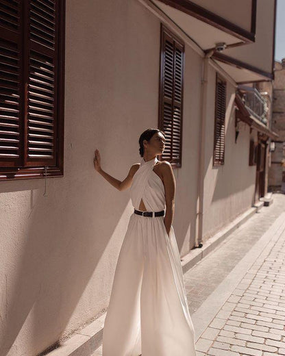 White Sexy Halter Sleevess Backless Jumpsuits-STYLEGOING