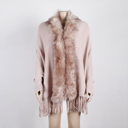 Women Winter Tassels Fur Collar Cardigan Overcoat