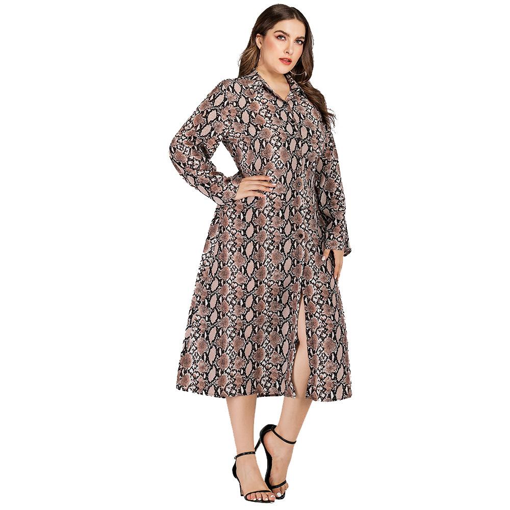 Women Fashion Casual Snake Print Split Fall Long Sleeve Dresses-STYLEGOING