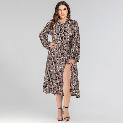 Women Fashion Casual Snake Print Split Fall Long Sleeve Dresses-STYLEGOING