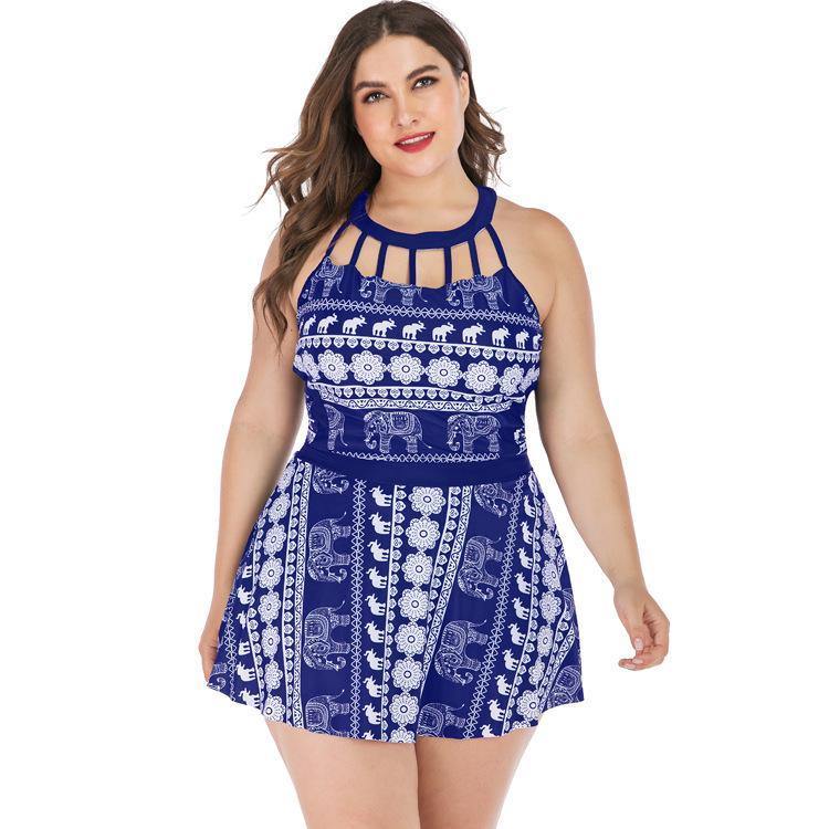 Women Plus Sizes Elephant Print Swimsuit-STYLEGOING