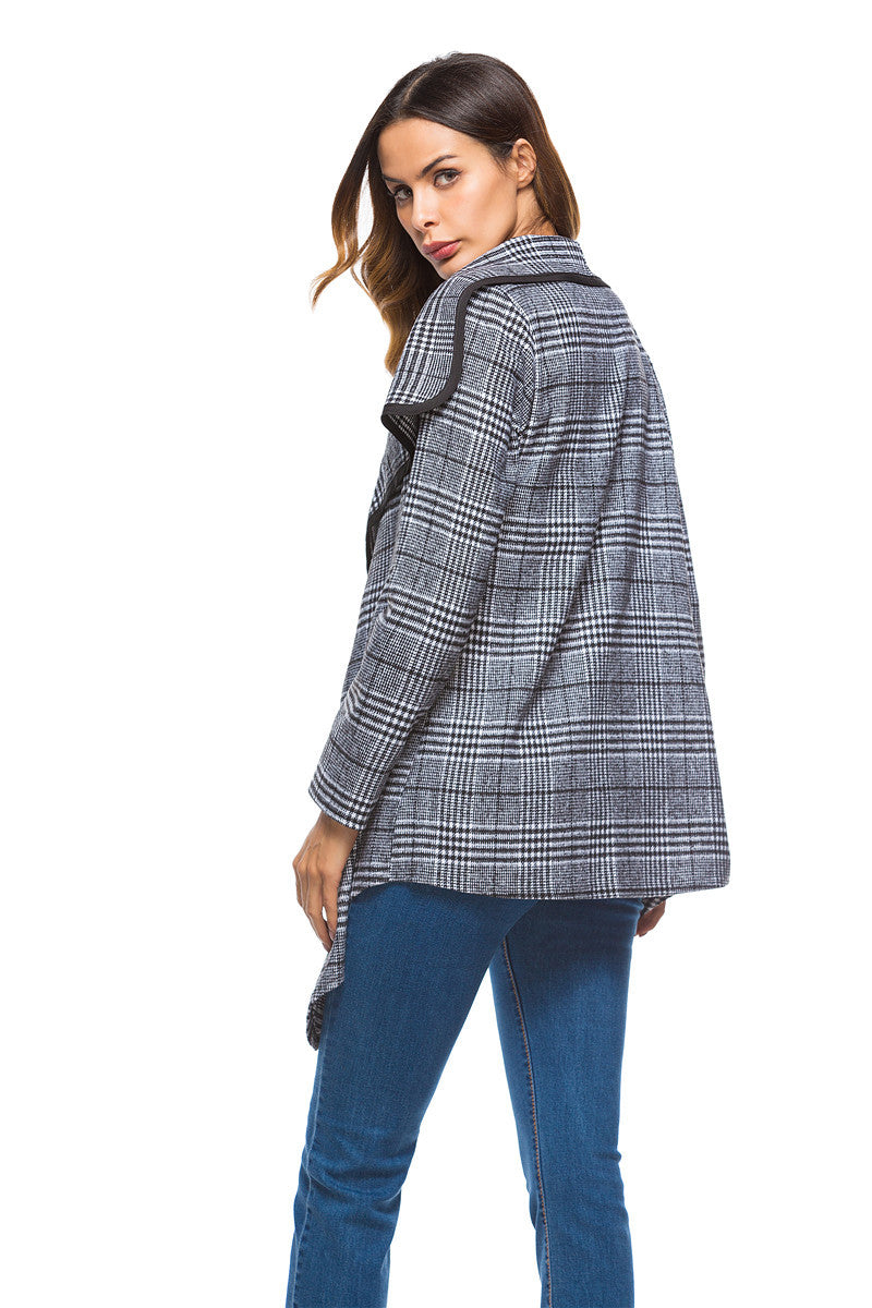 Women Plaid Turnover Collar Woolen Overcoat
