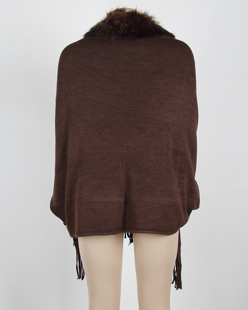 Women Winter Tassels Fur Collar Cardigan Overcoat