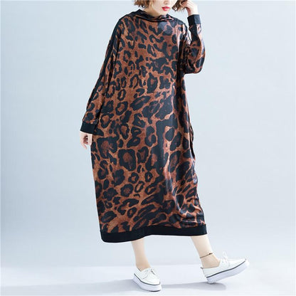 Fall High Neck Leopard Plus Size Long Dresses-STYLEGOING