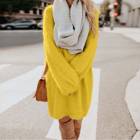 Casual Women Round Neck Plush Long Sweaters
