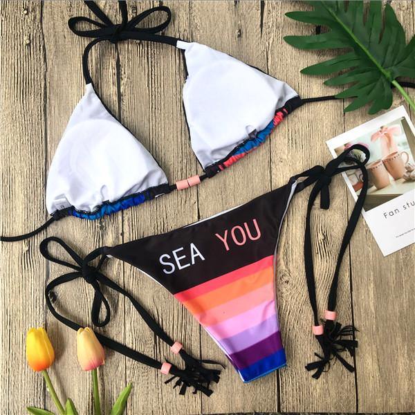 Women Summer Letter Print Beach Bikini Swimwear-STYLEGOING