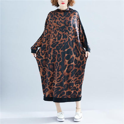 Fall High Neck Leopard Plus Size Long Dresses-STYLEGOING