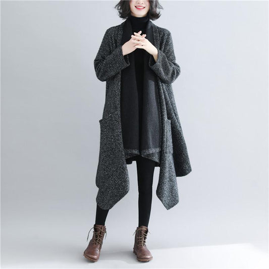 Black Women Plus Size Loose Long Overcoat-STYLEGOING