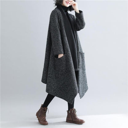 Black Women Plus Size Loose Long Overcoat-STYLEGOING