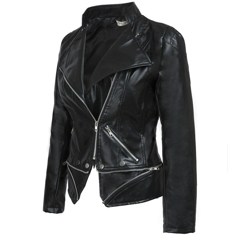 Black PU Leather Zipper Jacket Coat for Women