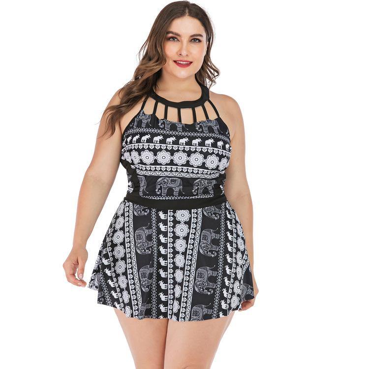 Women Plus Sizes Elephant Print Swimsuit-STYLEGOING