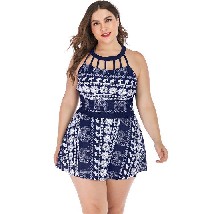 Women Plus Sizes Elephant Print Swimsuit-STYLEGOING