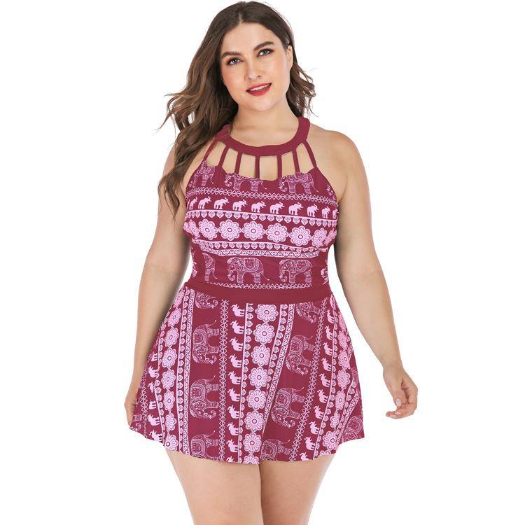 Women Plus Sizes Elephant Print Swimsuit-STYLEGOING