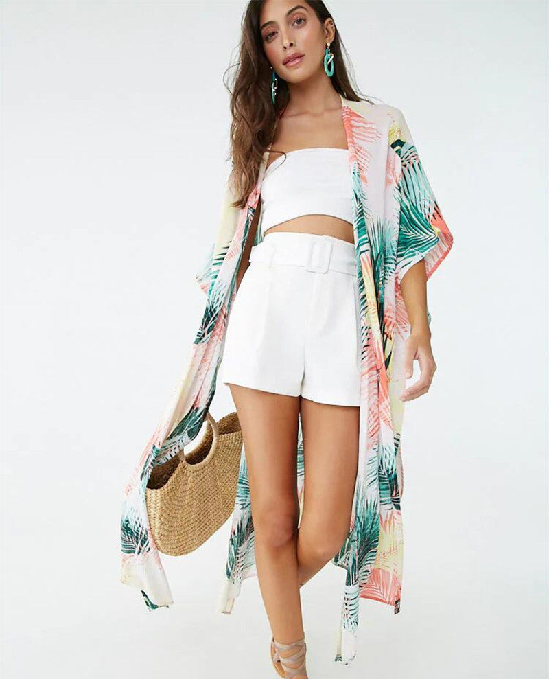 Colorful Leaf Design Summer Holiday Kimono Cover Ups
