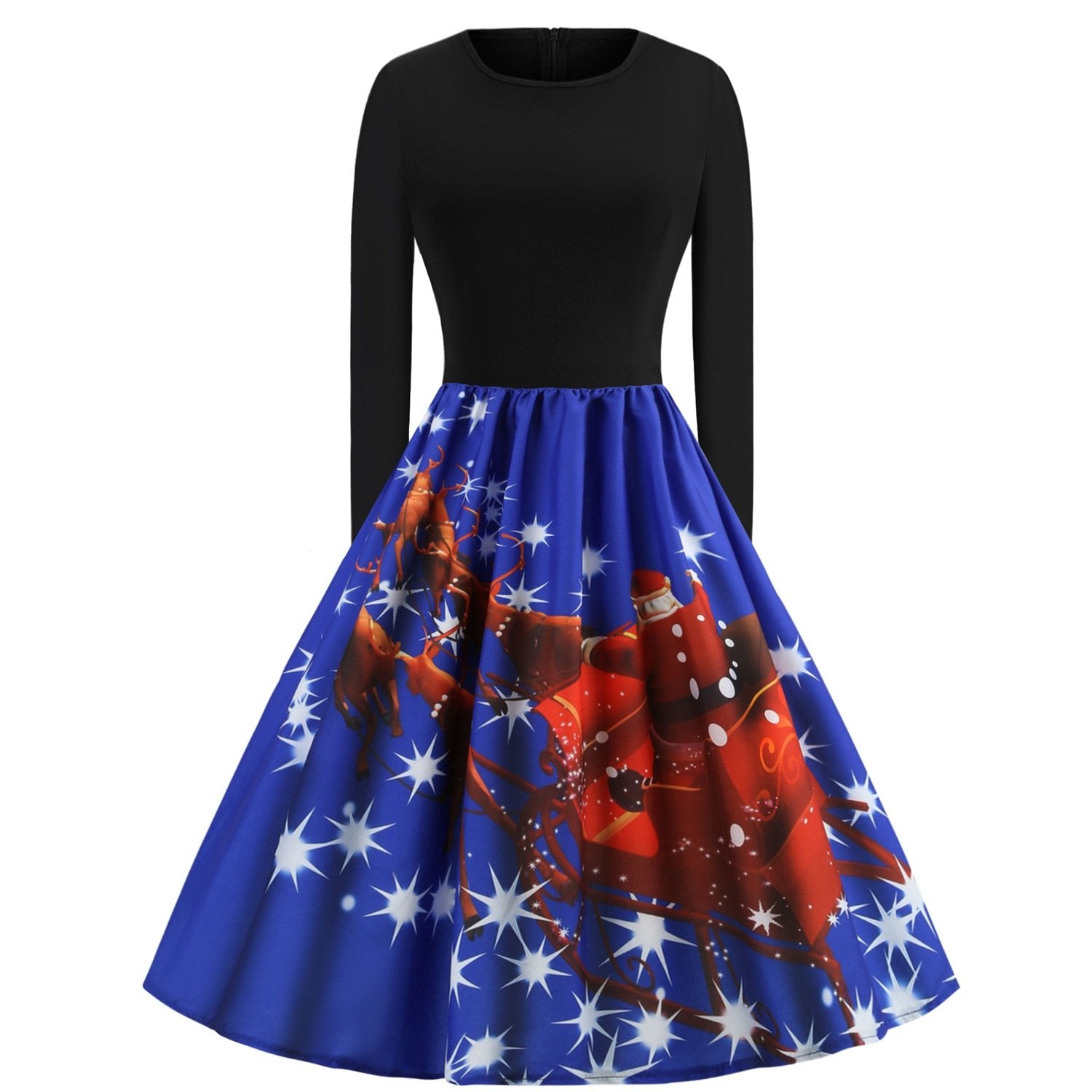 Merry Christmas Sled Round Neck Long Sleeves Women Dresses-STYLEGOING