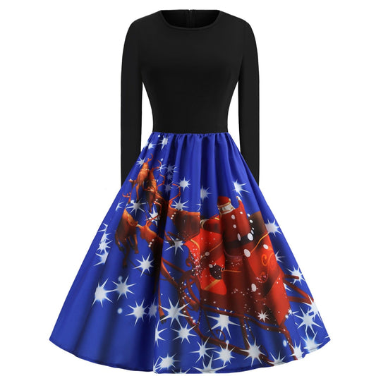 Merry Christmas Sled Round Neck Long Sleeves Women Dresses-STYLEGOING
