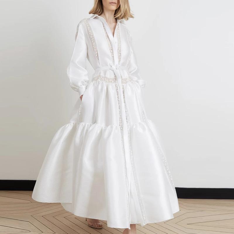 White New Sexy Deep V Neck Long Dresses-STYLEGOING