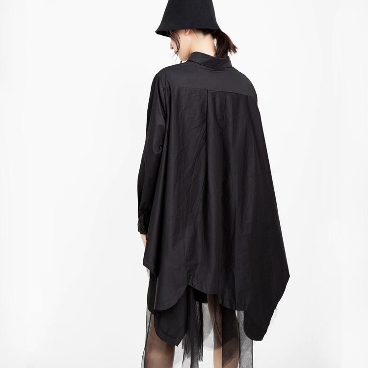 Women Turnover Collar Irregular Net Fall Shirt Dresses
