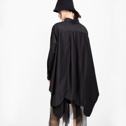 Women Turnover Collar Irregular Net Fall Shirt Dresses