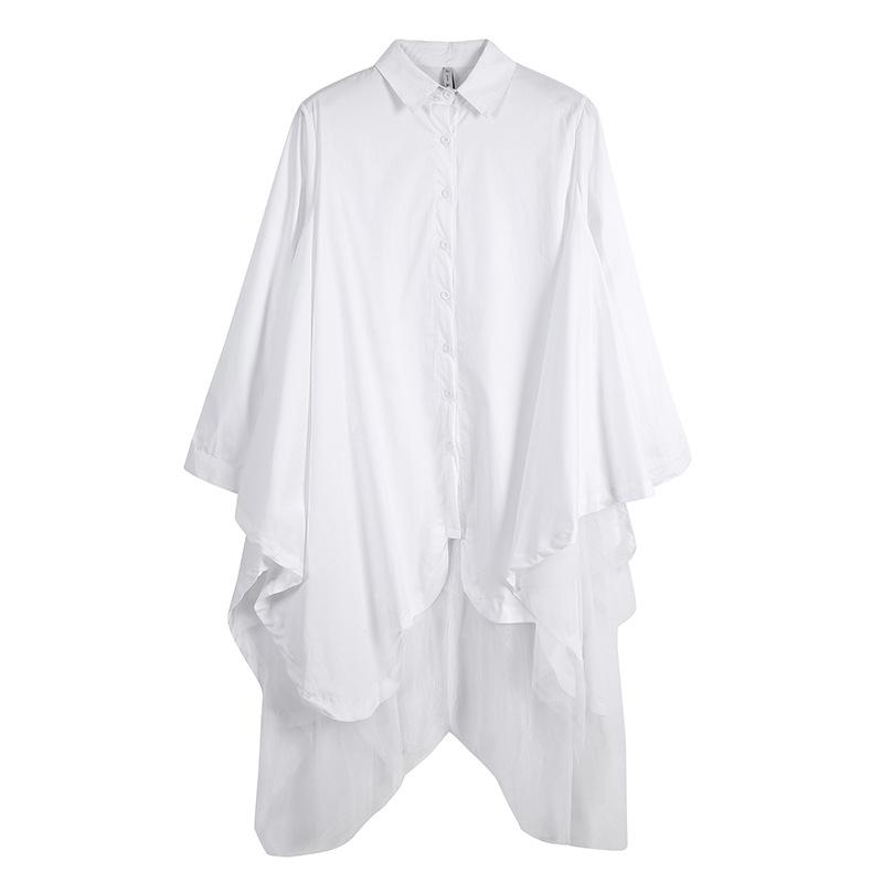Women Turnover Collar Irregular Net Fall Shirt Dresses