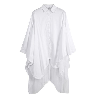Women Turnover Collar Irregular Net Fall Shirt Dresses