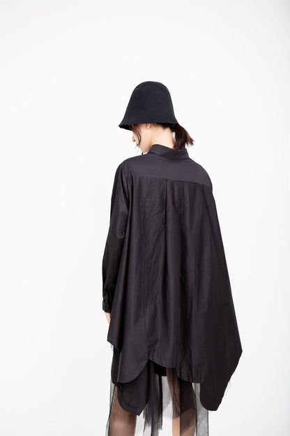 Women Turnover Collar Irregular Net Fall Shirt Dresses