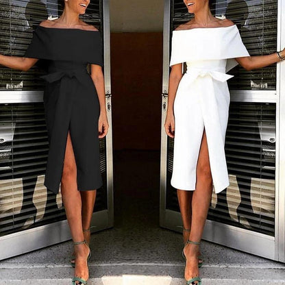 Sexy Classy Off The Shoulder Split Midi Dresses-STYLEGOING