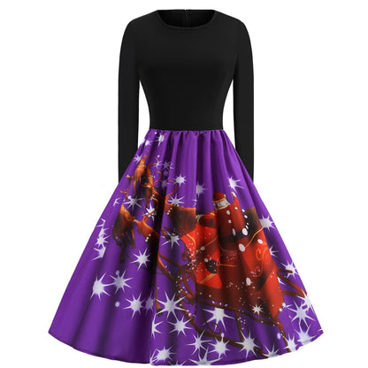 Merry Christmas Sled Round Neck Long Sleeves Women Dresses-STYLEGOING