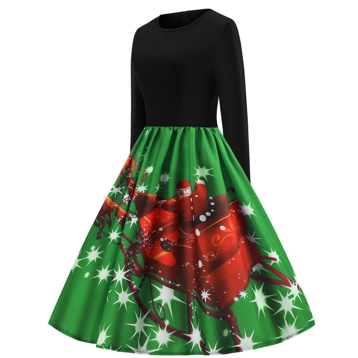 Merry Christmas Sled Round Neck Long Sleeves Women Dresses-STYLEGOING