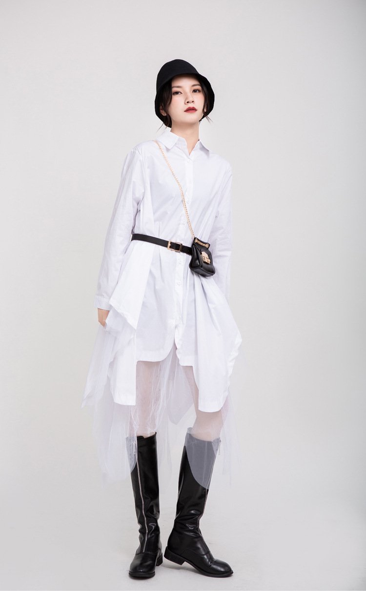 Women Turnover Collar Irregular Net Fall Shirt Dresses