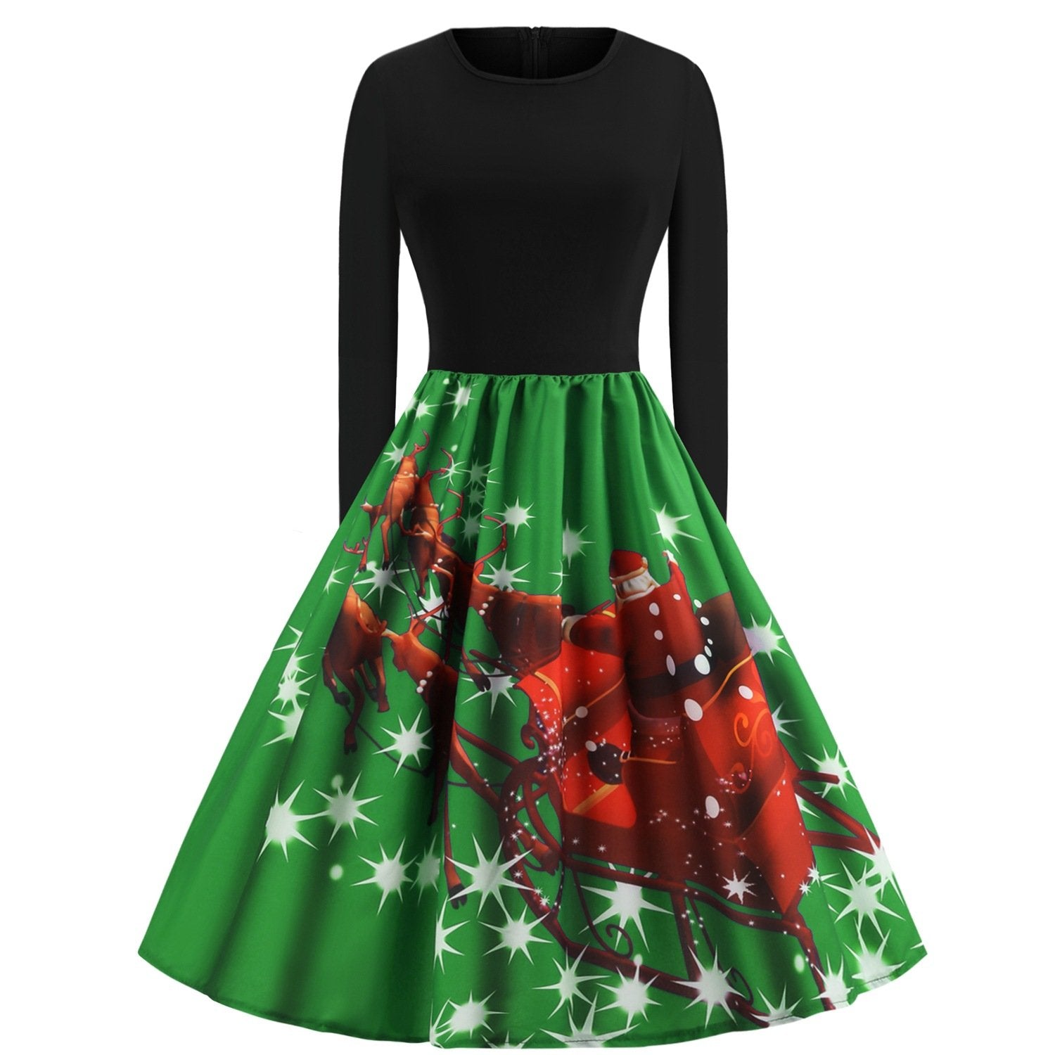 Merry Christmas Sled Round Neck Long Sleeves Women Dresses-STYLEGOING