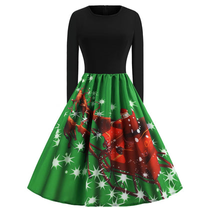 Merry Christmas Sled Round Neck Long Sleeves Women Dresses-STYLEGOING