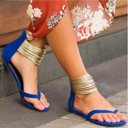Women Summer Matal Ankle Strap Flat Sandals-STYLEGOING