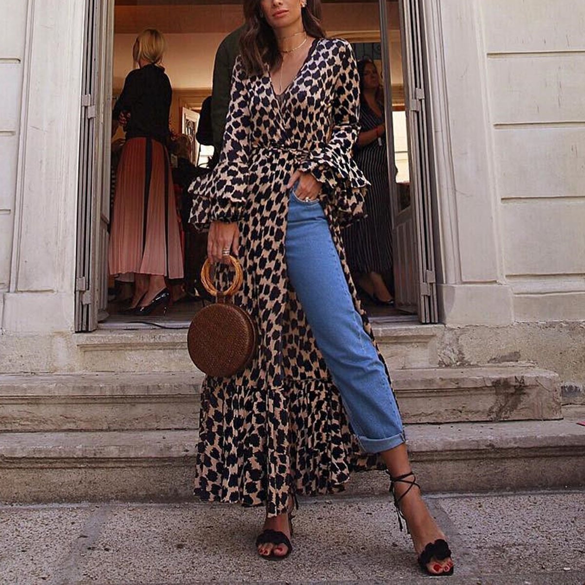 Sexy Leopard Print Split Front Long Sleeves Dresses