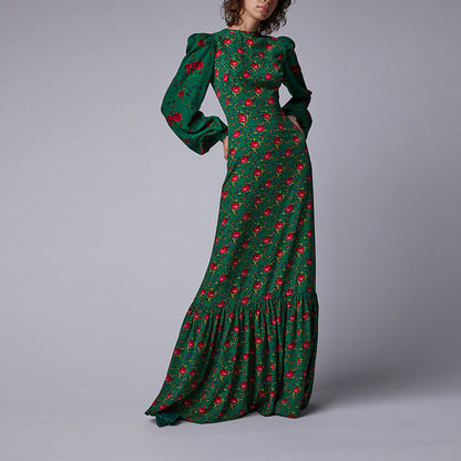Green Puff Sleeves Long Sleeves Women Dresses