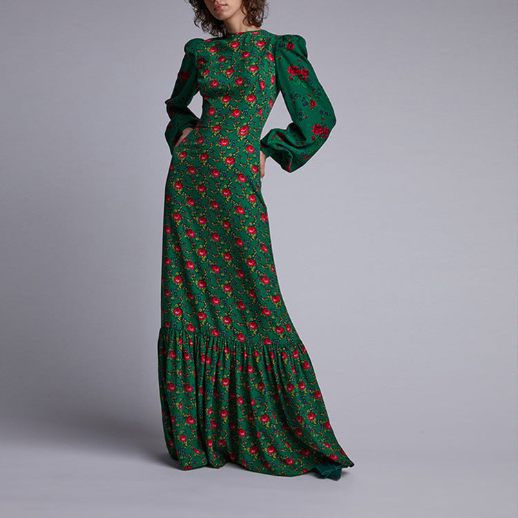 Green Puff Sleeves Long Sleeves Women Dresses