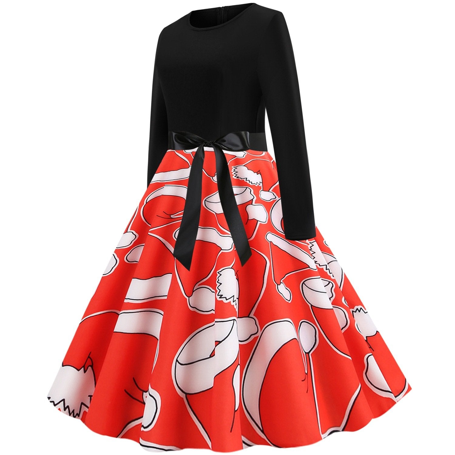 Red Women Long Sleeves Christmas Hat Print Winter Dresses-STYLEGOING
