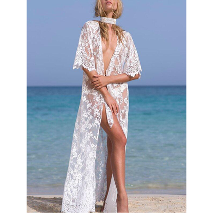 White Lace See-Through Cover-Ups-STYLEGOING