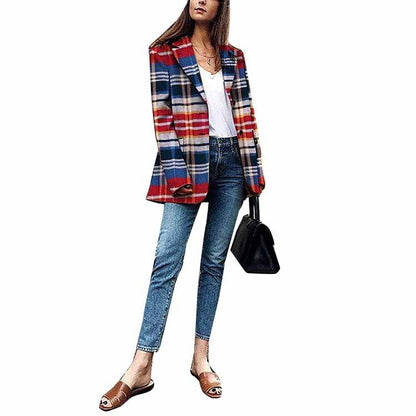 Women Plaid Red Blazer Overcoat