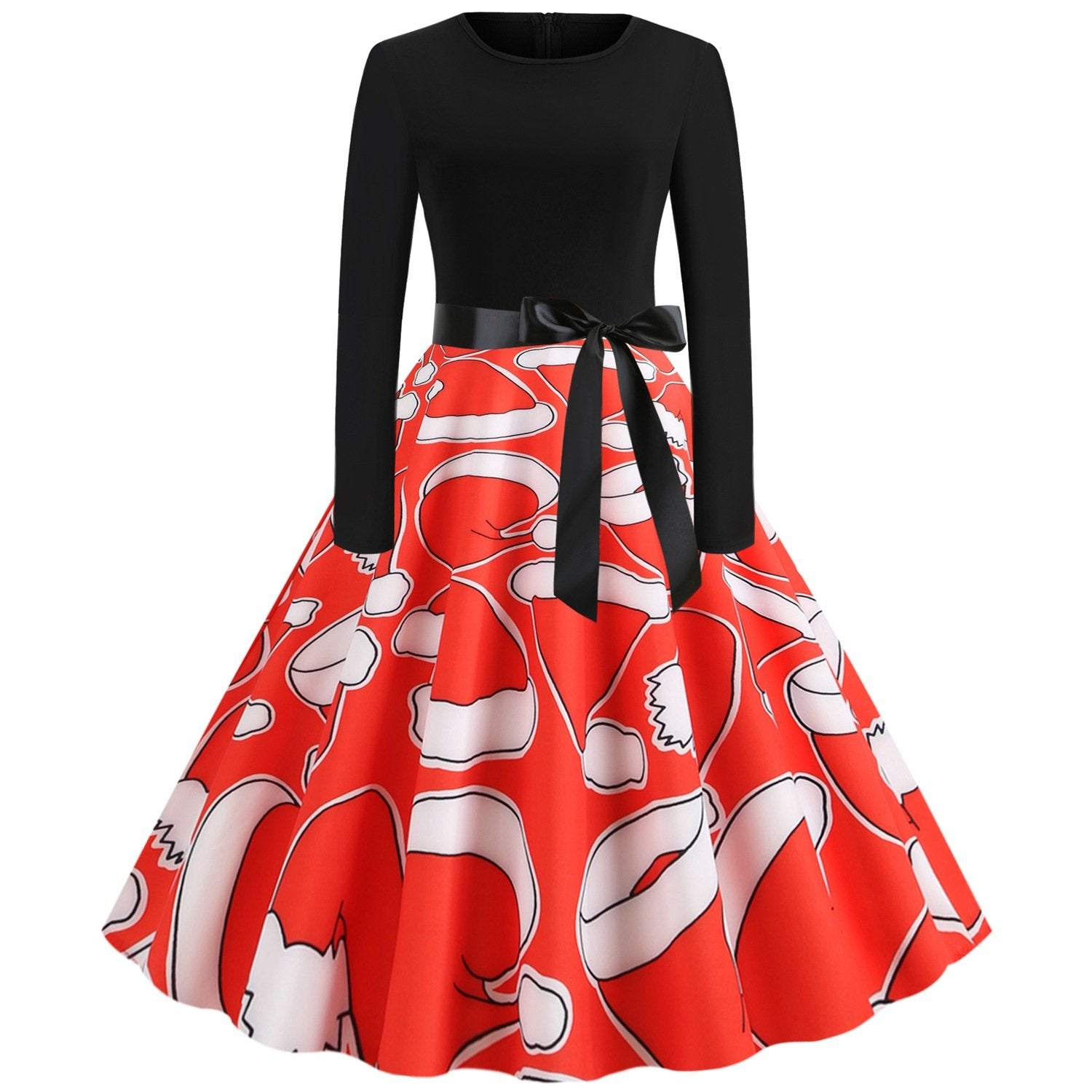 Red Women Long Sleeves Christmas Hat Print Winter Dresses-STYLEGOING