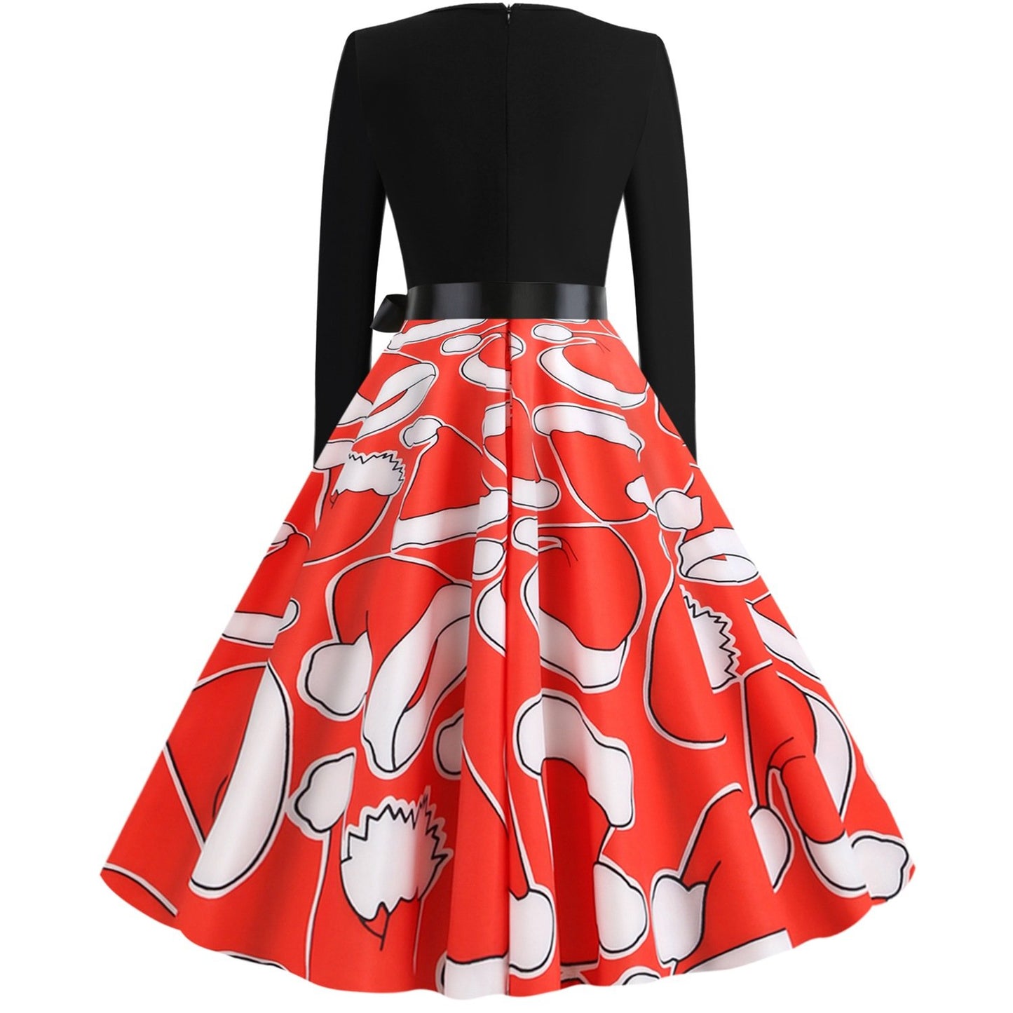 Red Women Long Sleeves Christmas Hat Print Winter Dresses-STYLEGOING