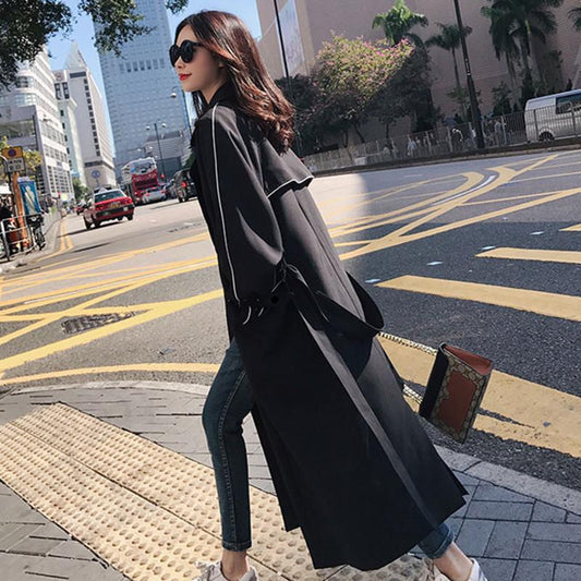 Leisure Black Women Long Trenchcoat-STYLEGOING