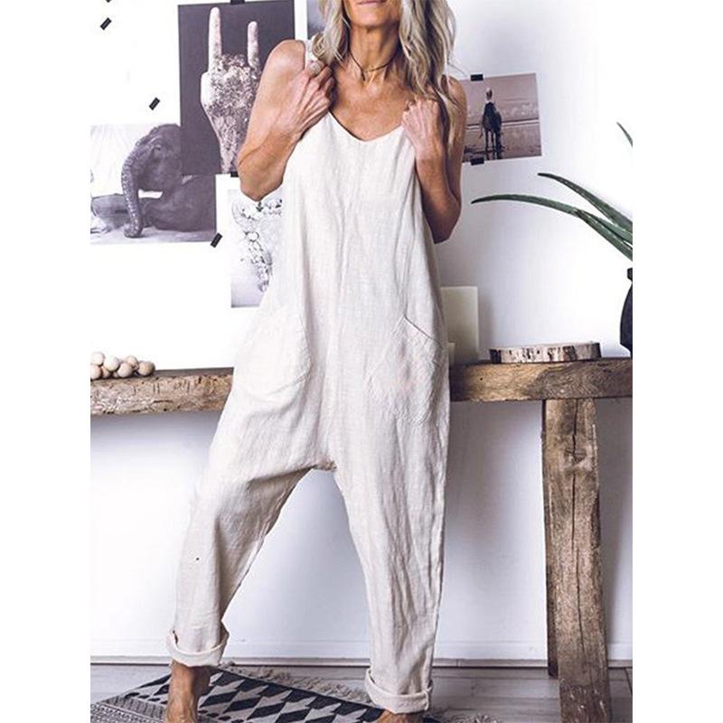 Women Linen High Waist Leisute Jumpsuits-STYLEGOING