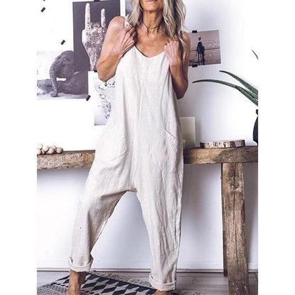 Women Linen High Waist Leisute Jumpsuits-STYLEGOING