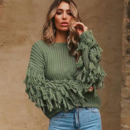 Women Winter Round Neck Tassel Loose Sweaters-STYLEGOING