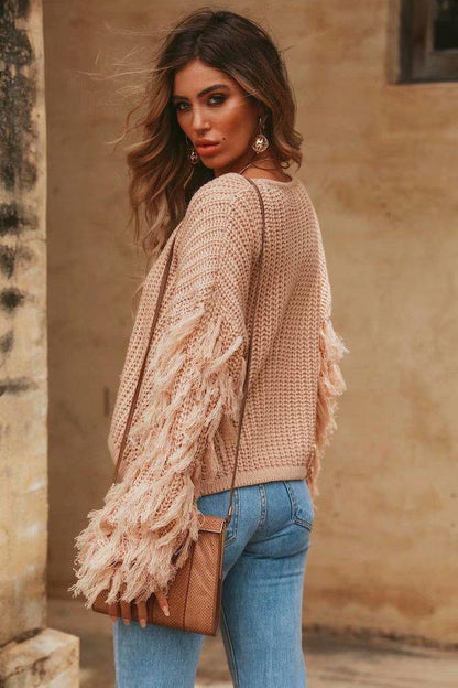 Women Winter Round Neck Tassel Loose Sweaters-STYLEGOING