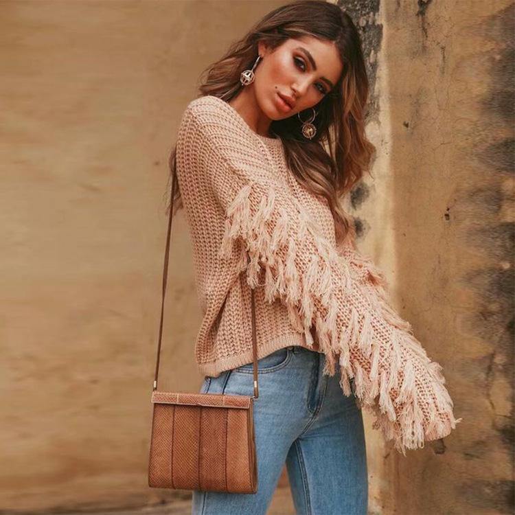Women Winter Round Neck Tassel Loose Sweaters-STYLEGOING