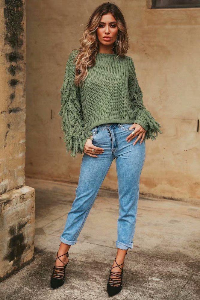 Women Winter Round Neck Tassel Loose Sweaters-STYLEGOING
